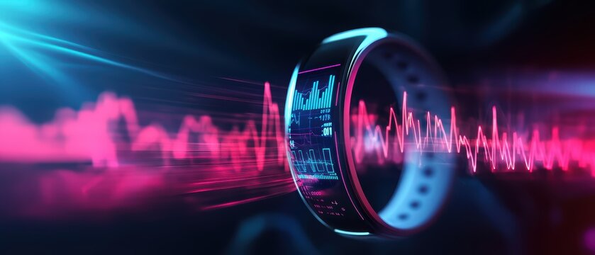 Fitness tracker monitoring heartbeat with futuristic data streams, smart wearable device, health tech innovation