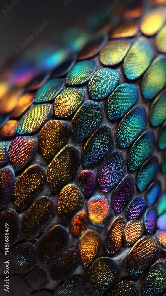 Poster colorful scales of a snake displaying iridescent patterns in a close-up view during daylight hours