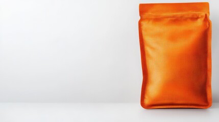 An orange standing pouch with a zipper seal rests on a white surface, providing ample space for design and ing in a clean, minimalist composition.