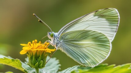 Delicate white butterfly rests on a vibrant yellow flower.