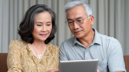 Mature Couple Using Tablet Together Indoors Smiling