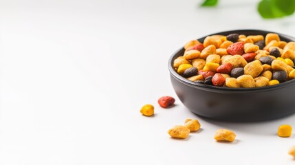 A ceramic bowl filled with colorful dog food kibble sits on a white surface with a blurred green plant providing a pleasing backdrop for a pet food advertisement.
