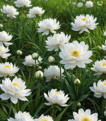 Obraz premium Stunning white peony flowers thriving amidst green grass, beautiful, scenery