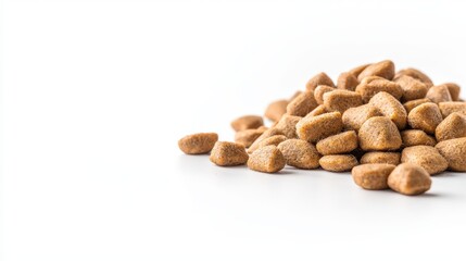 Obraz premium A pile of dry dog food kibble is displayed on a plain white surface, offe a simple and clean view of the wholesome pet nutrition source, ideal for feeding.
