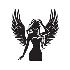 vector silhouette of a beautiful woman like an angel, simple black and white that can be edited