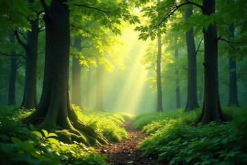 Obraz premium Serene forest scene, sunlight dappling through leaves, perfect for meditation , escape, wellbeing, vibrant green