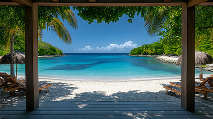 Serene beach cove viewed from shaded wooden structure, showcasing turquoise water, white sand, and lush tropical foliage
