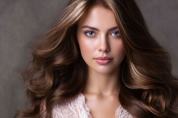 Naklejka premium Woman with Long Brown Wavy Hair and Light Eyes Posing