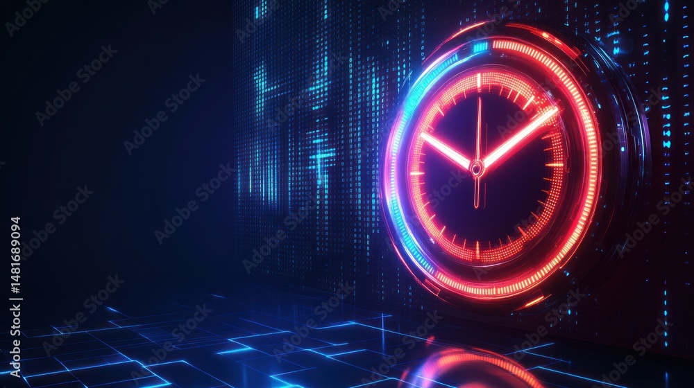 Poster futuristic timepiece: neon clock in digital matrix environment rendering
