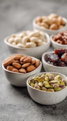 Assorted nuts and dried fruits arranged in small bowls on a grey surface for healthy snacking