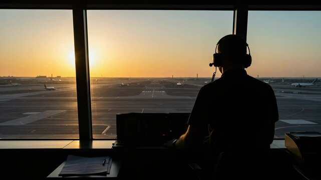 Air Traffic Controller Observing Sunrise Over Busy Airport Runway, Early Morning Scene in Control Tower, Emphasizing Professionalism and Responsibility
