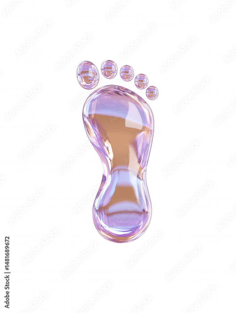 Poster a translucent pink and lavender footprint with bulbous toes appears to float against a stark white b