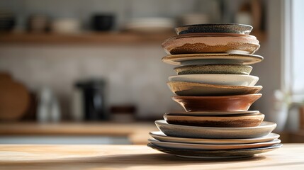 Stacked ceramic dishes on a wooden counter.