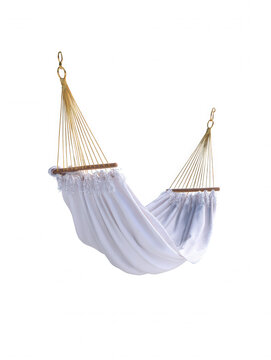 An inviting, comfortable white hammock with a fe detail hangs suspended against a bright studio backdrop, promising relaxation and leisurely outdoor enjoyment.
