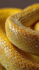 Close-up of a vibrant yellow snake with water droplets on its scales in a natural setting during daylight