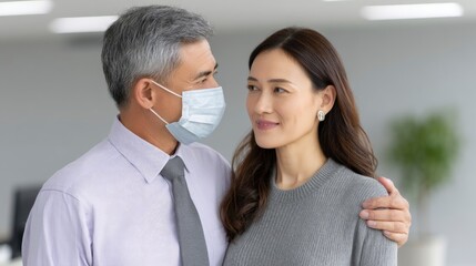 Loving Couple Looking at Each Other with Face Mask