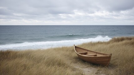 Naklejka premium An aged wooden rowboat lies on a grassy shore beside a calm grey sea, with overcast clouds dominating the sky and soft winds brushing the tall grass