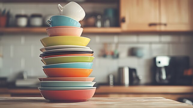 Colorful stack of dishes on kitchen countertop. - Powered by Adobe