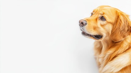 Obraz premium A golden retriever with a beautiful coat is looking to the left of the frame against a plain white background with a calm and curious expression on its face.