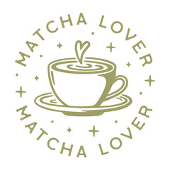 Matcha lover Japanese green tea flavor latte kawaii aesthetic round badge sticker logo girl shirt design. Cute girly healthy drink lovers wellness printable drawing transparent background clipart png.