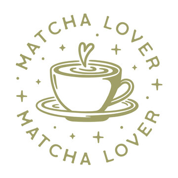 Matcha lover Japanese green tea flavor latte kawaii aesthetic round badge sticker logo girl shirt design. Cute girly healthy drink lovers wellness printable drawing transparent background clipart png.