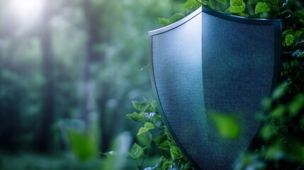 Ecology protector: shield amidst green foliage in nature background