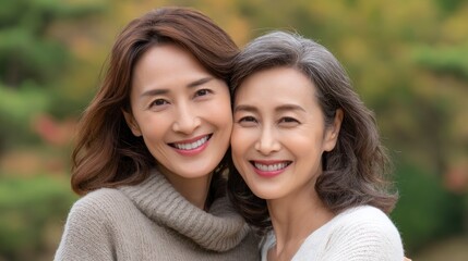 Fototapeta premium Two Asian Women Smiling and Embracing in Outdoor Setting