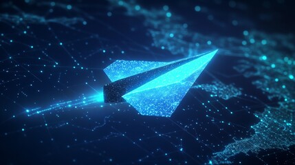 Glowing paper airplane over digital world map on dark blue background