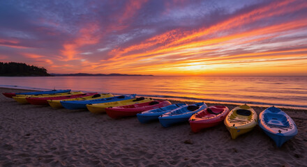 Colorful kayaks lined up on beach at dramatic sunset. Row of vibrant boats against orange and purple sky. Water sports equipment ready for adventure. Coastal recreation and summer vacation