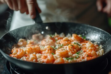The chef cooks rice with shrimps in a frying pan on a black background. Levitation. Sea food recipes, seafood preparation. Recipe book, food blog