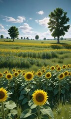 Fototapeta premium Sunflowers in a vast green meadow with few trees and a blue sky above, sunny, sunflowers
