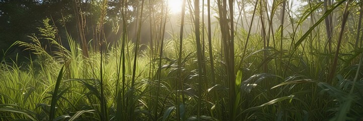 Sunlight filtering through the tall grass blades creating dappled shadows, outdoor scene, natural grass, landscape photography