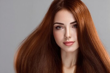 Fototapeta premium Woman Showing Long Straight Auburn Hair Style Against Gray Background