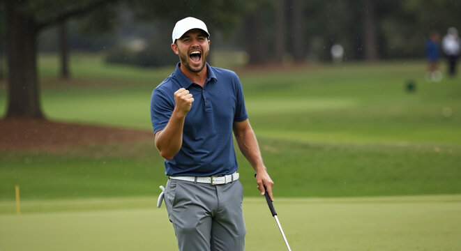 Male golfer celebrating successful putt with enthusiastic fist pump. Professional player in polo shirt and cap showing victory emotion. spectators in background. Sport achievement - Powered by Adobe