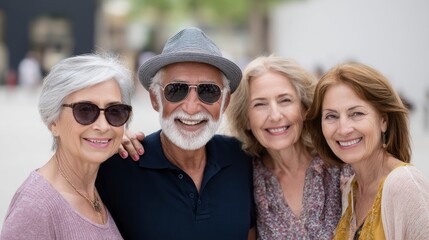 Smiling Senior Friends Posing Outdoors Together in Sunlight