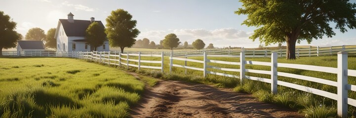 Fototapeta premium Sunny day on a farm with a white wooden fence dividing pastures, split rail, green grass, sunny, countryside landscape