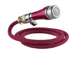A stylish maroon handheld shower head with a textured hose is presented on a white backdrop, perfect for bathroom renovations and custom fixture catalogues.