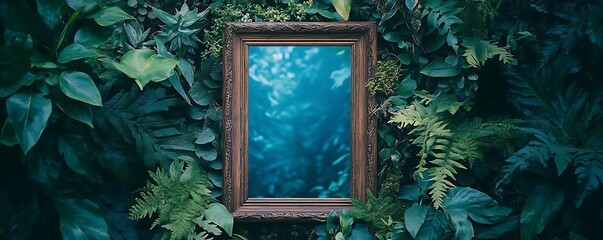 Ocean scene framed, lush green foliage