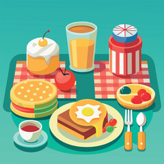 Vector illustration of breakfast, baked goods, food and drinks