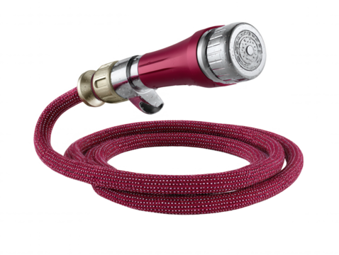 A stylish maroon handheld shower head with a textured hose is presented on a white backdrop, perfect for bathroom renovations and custom fixture catalogues.