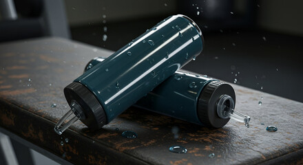 Water Droplets on a Dark Teal Water Bottle in a Gym