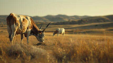 Cows grazing in golden field