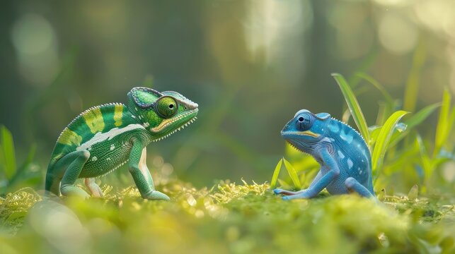 Two colorful chameleons in a lush forest - Powered by Adobe
