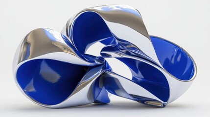 Abstract sculptural form with intertwined, flowing shapes of polished silver and deep blue