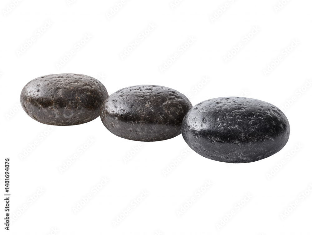 Poster three dark smooth rounded pebbles are displayed on a white background in a horizontal arrangement hi