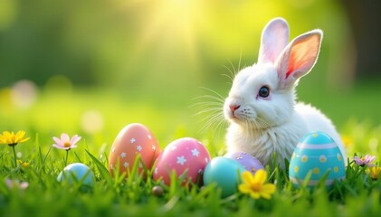 Colorful Easter eggs hidden in spring grass, surrounded by fluffy white bunny tails , tail, pastel colors