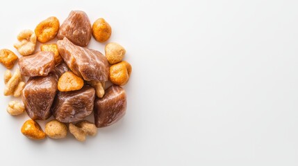Obraz premium A close-up presents a pile of mochi rice cakes and seasoned nuts arranged on a clean white surface, inviting thoughts of snacking and oriental food treats.