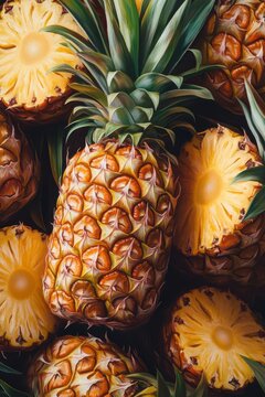 Fresh pineapple slices and whole fruit