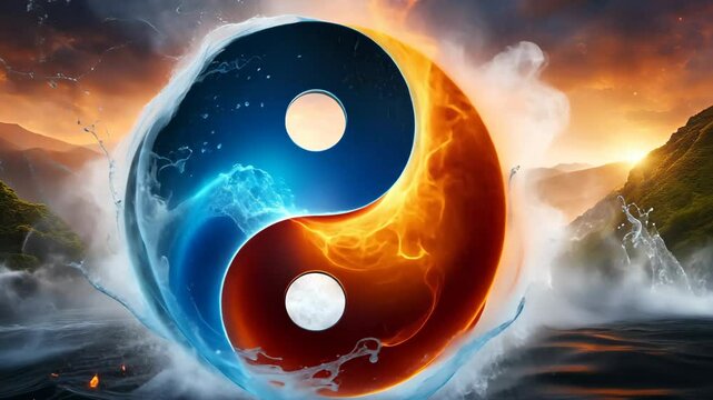 Glowing yin yang sign in night sky. Abstract background