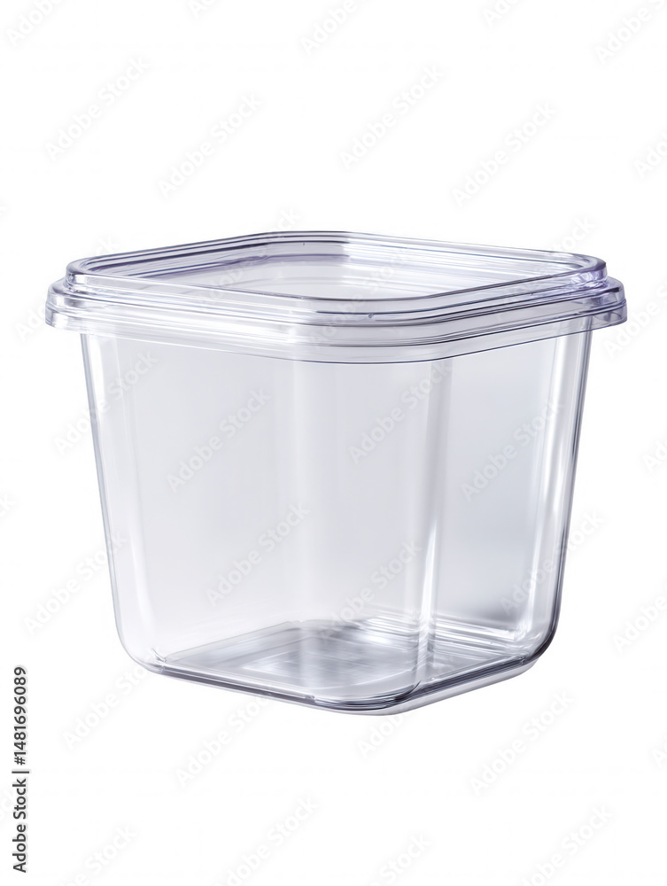 Poster an empty square transparent plastic container with a matching clear lid sits on a white background p